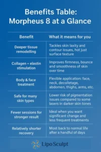 How Often Can I have Morpheus 8? 3 Table showing the benefits of Morpheus 8 treatment from Lipo Sculpt Chorleywood