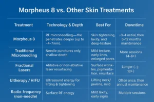 How Often Can I have Morpheus 8? 2 Table to show benefits of Morpheus 8 Chorleywood compared to other skin treatments